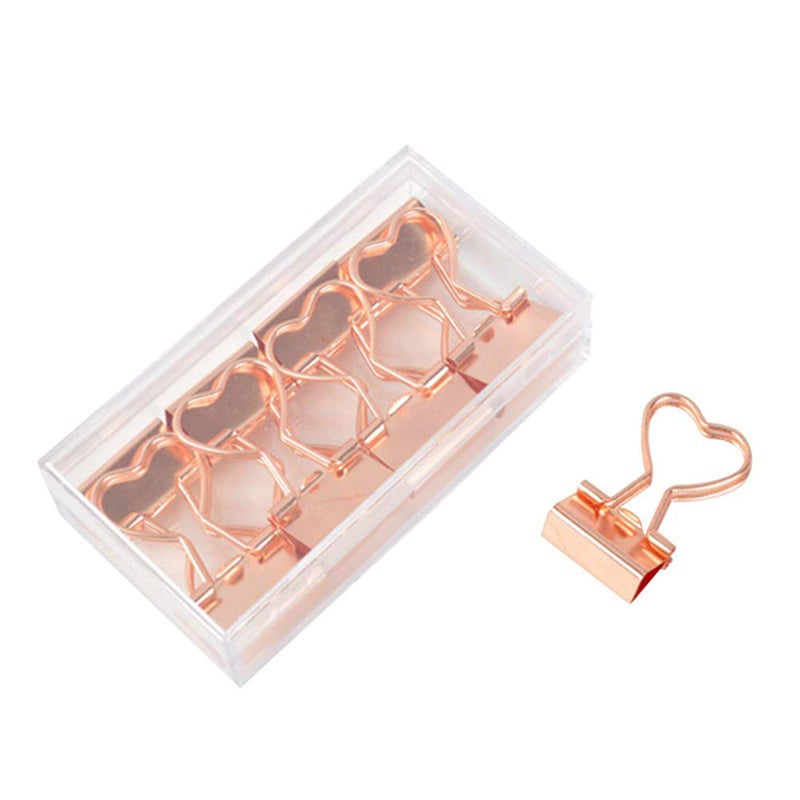 Supfoxer Rose Gold Metal Binder Clips with Heart Shaped Handle 0.74""/19mm foldback Clips in Acrylic Crystal Box Invoice Bill Clip Decorative Paper Clips Notes Letter for Office Home School (12Pcs) - Image 1
